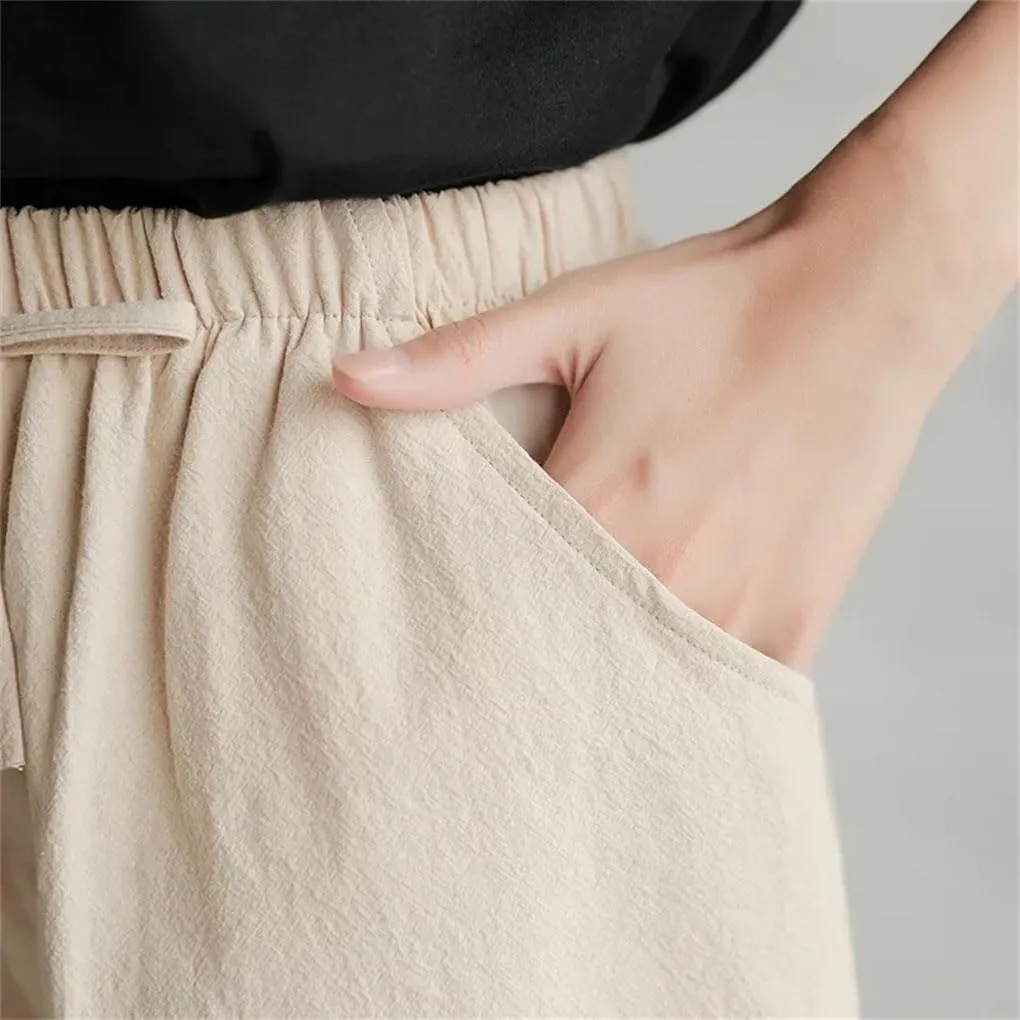 Women's High Waist Casual Linen Shorts Loose Elastic Waist Lace-Up Sports Shorts