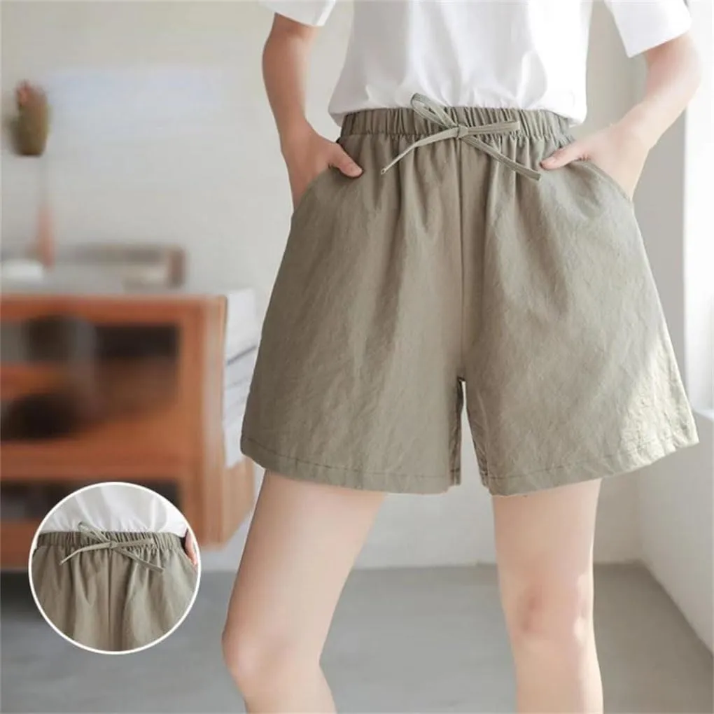 Women's High Waist Casual Linen Shorts Loose Elastic Waist Lace-Up Sports Shorts