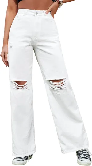 Women's High Waisted Ripped Wide Leg Denim Pants Casual Loose Fit Jeans