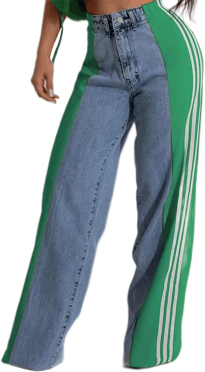 Womens Jeans High Waisted Wide Leg Patchwork Stripes Stretchy Jean Color Block Straight Trendy Demin Pants
