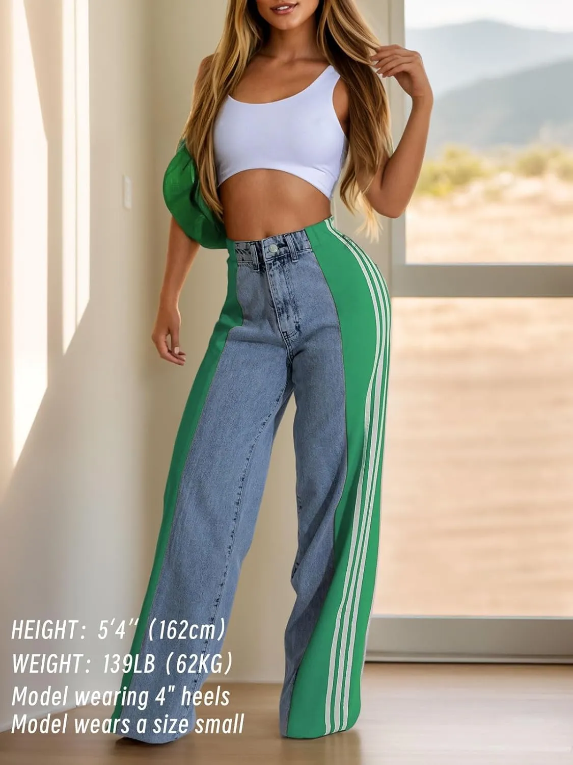 Womens Jeans High Waisted Wide Leg Patchwork Stripes Stretchy Jean Color Block Straight Trendy Demin Pants