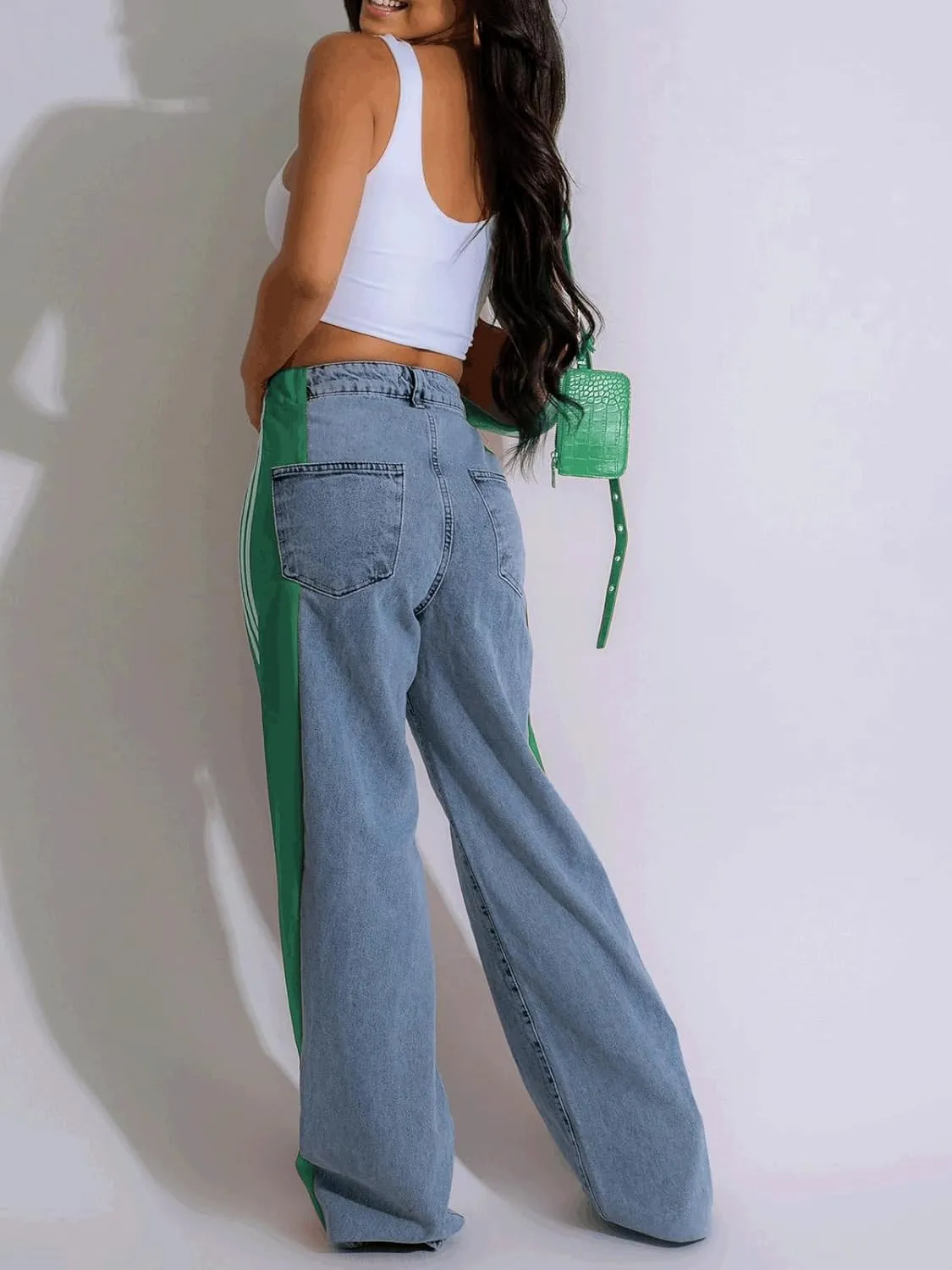 Womens Jeans High Waisted Wide Leg Patchwork Stripes Stretchy Jean Color Block Straight Trendy Demin Pants