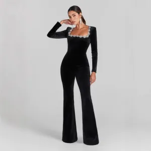 Women’s Jumpsuit – Velvet Fabric – Slim Fit – Embellished Neckline – Long Sleeve