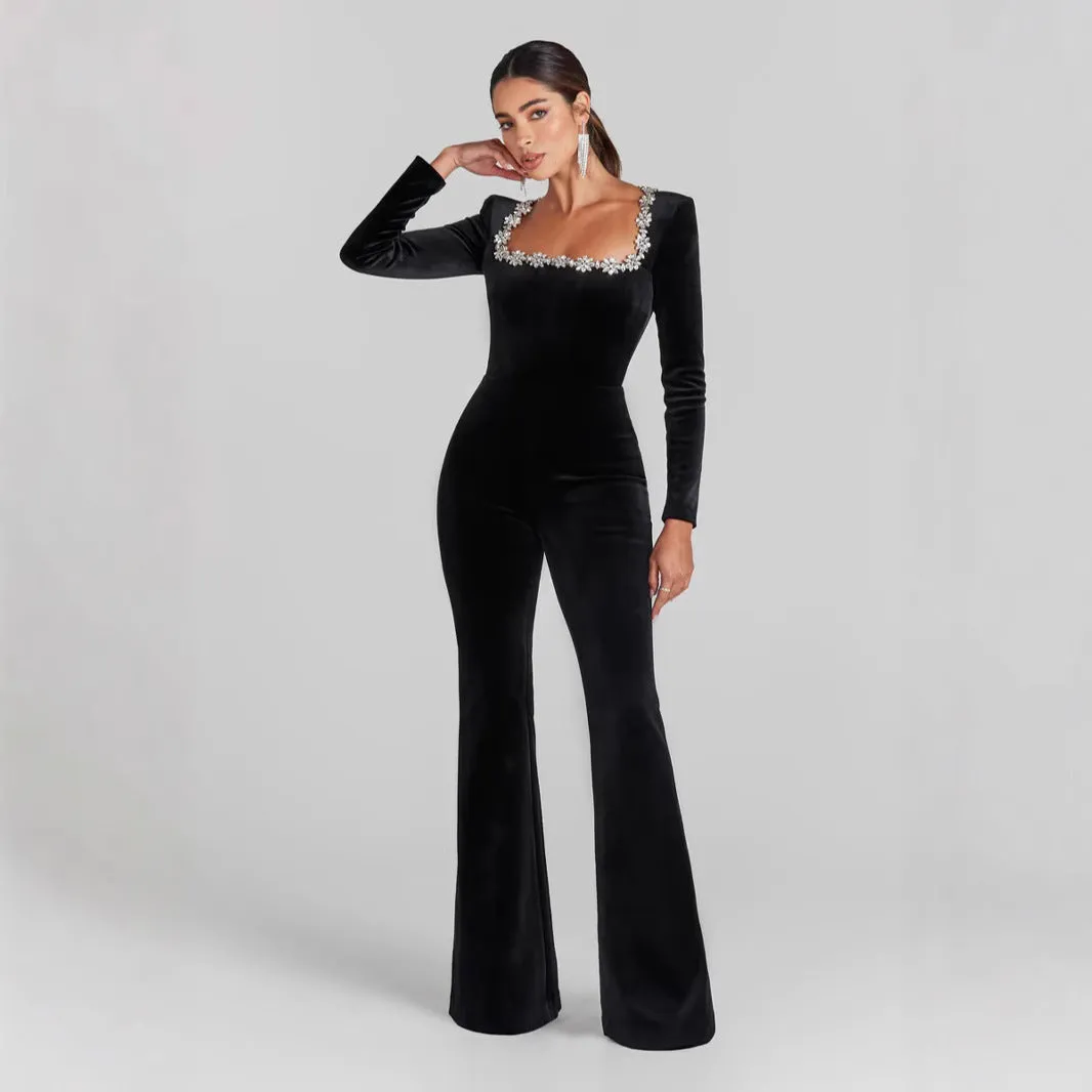 Women’s Jumpsuit – Velvet Fabric – Slim Fit – Embellished Neckline – Long Sleeve