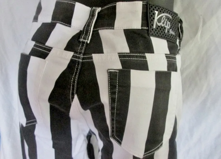 Womens KLIP JEANS Stripe Gangsta Jailbird PANTS BLACK WHITE 7 Hip hop Dungarees