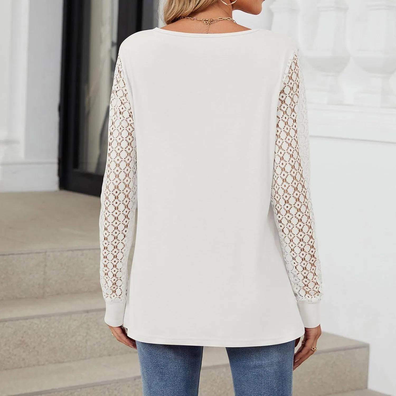 Womens Lace Long Sleeve Shirt Simple Solid Color Tops Shirts Crewneck Casual Loose Fall Fashion Blouse