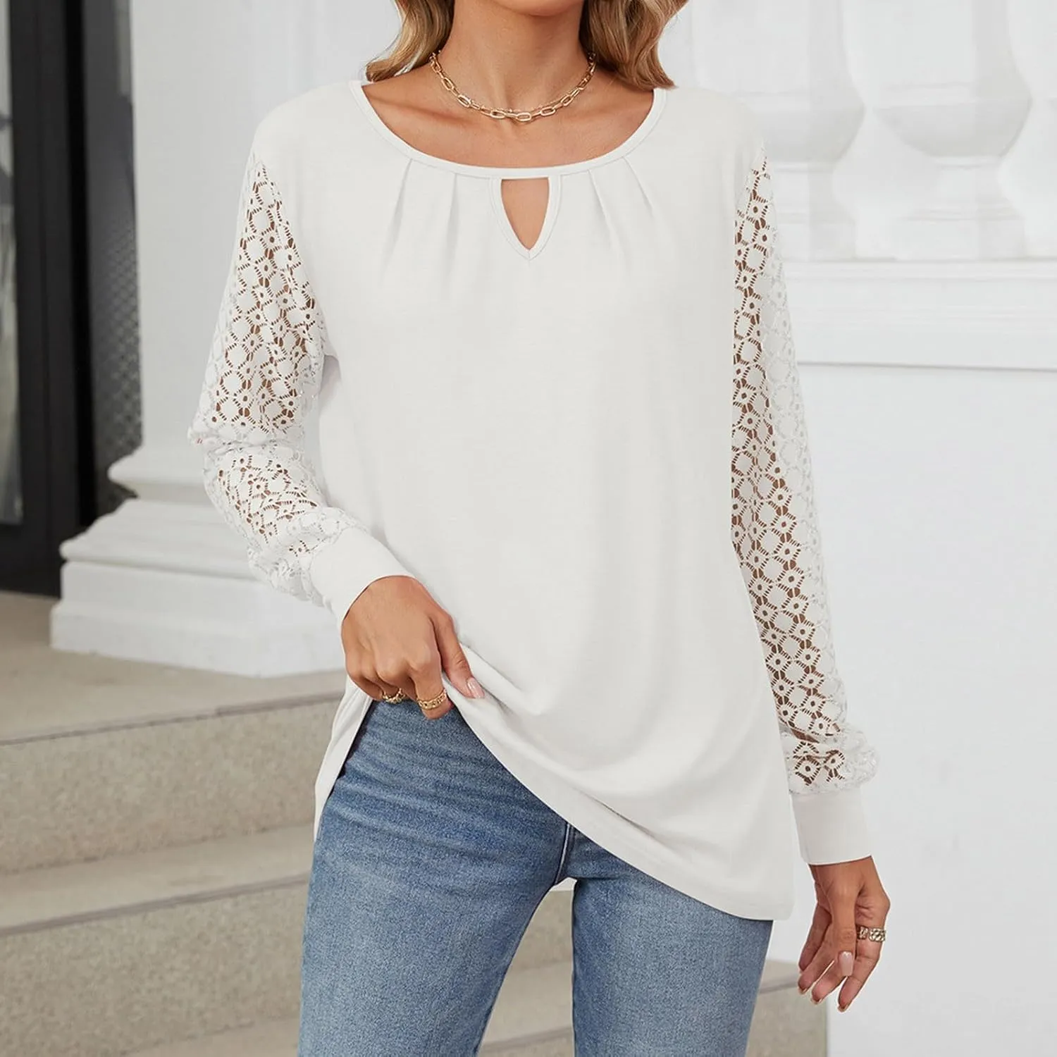 Womens Lace Long Sleeve Shirt Simple Solid Color Tops Shirts Crewneck Casual Loose Fall Fashion Blouse