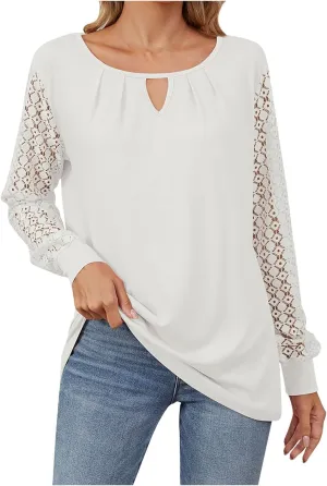 Womens Lace Long Sleeve Shirt Simple Solid Color Tops Shirts Crewneck Casual Loose Fall Fashion Blouse