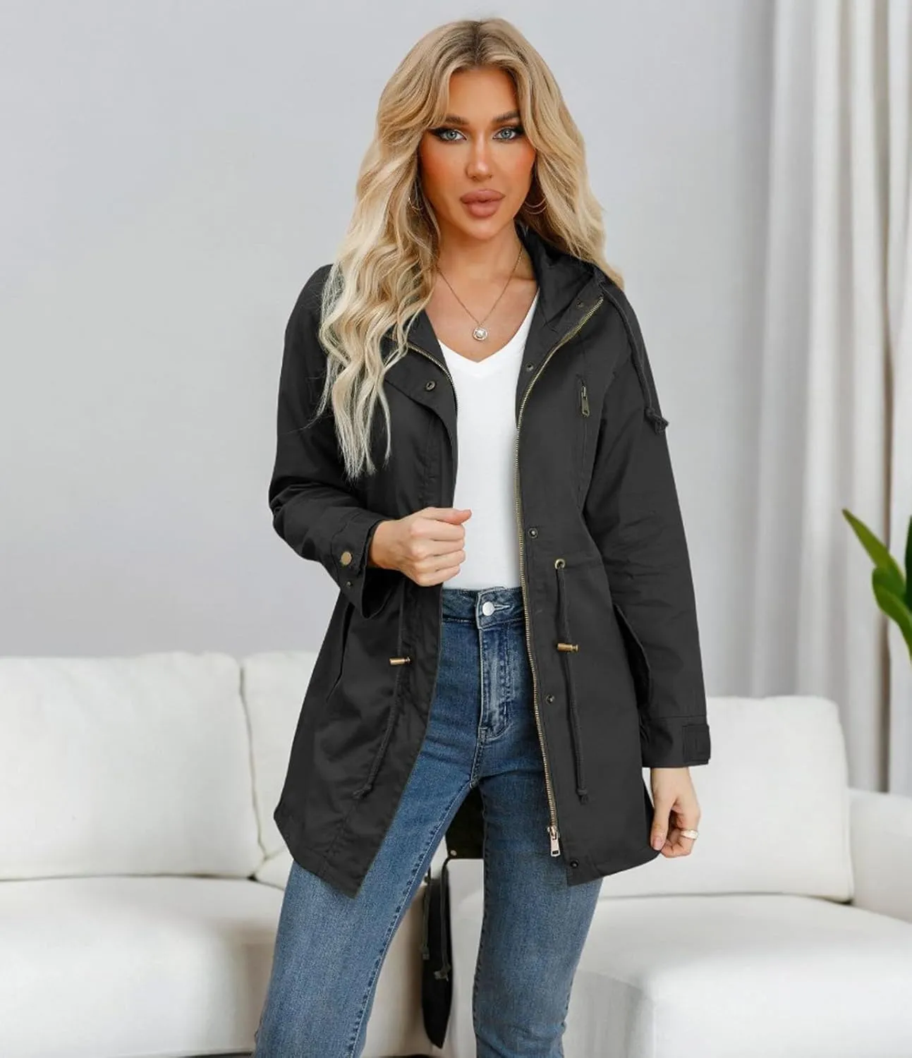 Women's Ligtweight Jackets Anorak Utility Drawstring Waist Hoodie Zip Up Fall Casual Coat with Pockets