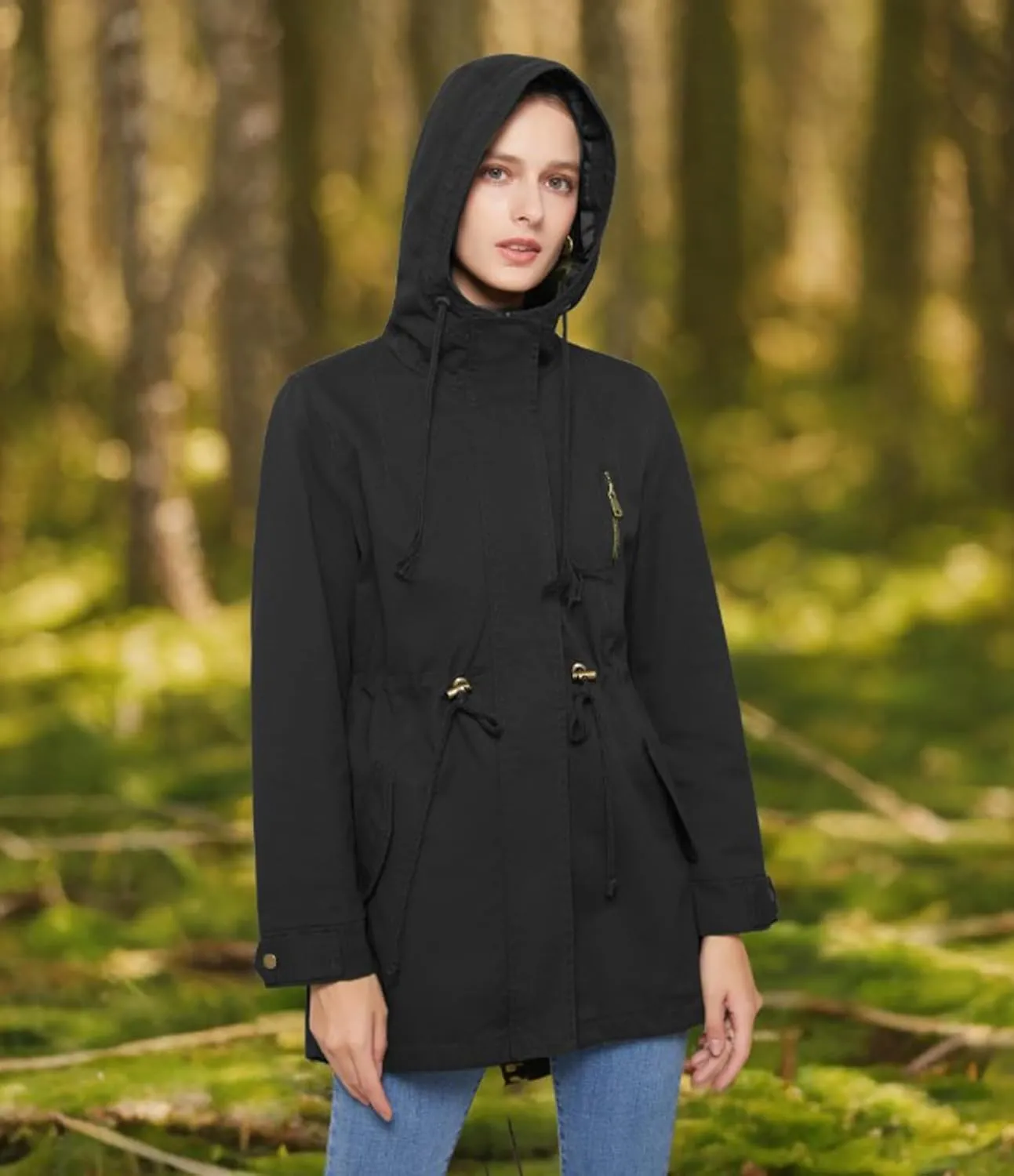Women's Ligtweight Jackets Anorak Utility Drawstring Waist Hoodie Zip Up Fall Casual Coat with Pockets