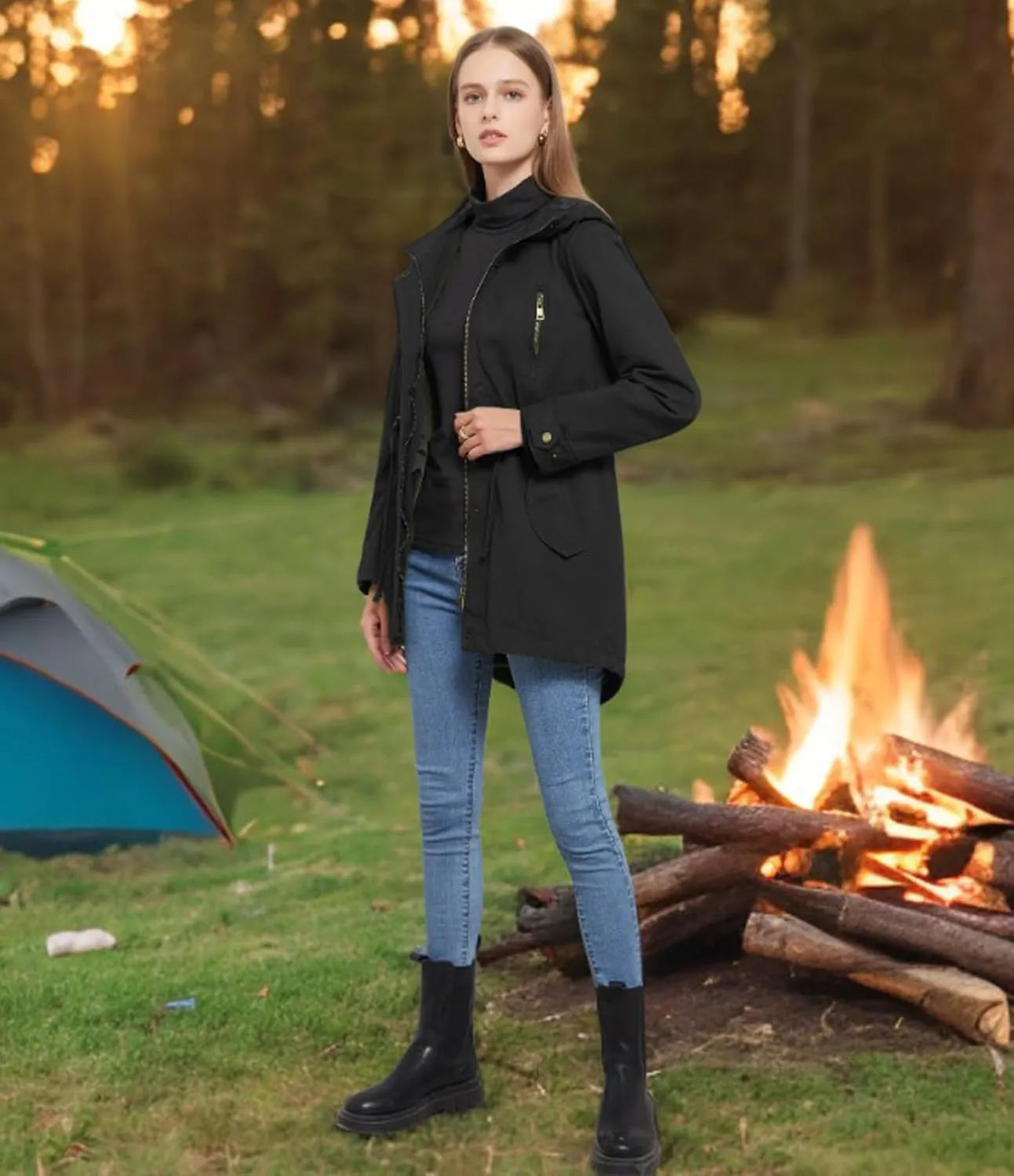 Women's Ligtweight Jackets Anorak Utility Drawstring Waist Hoodie Zip Up Fall Casual Coat with Pockets