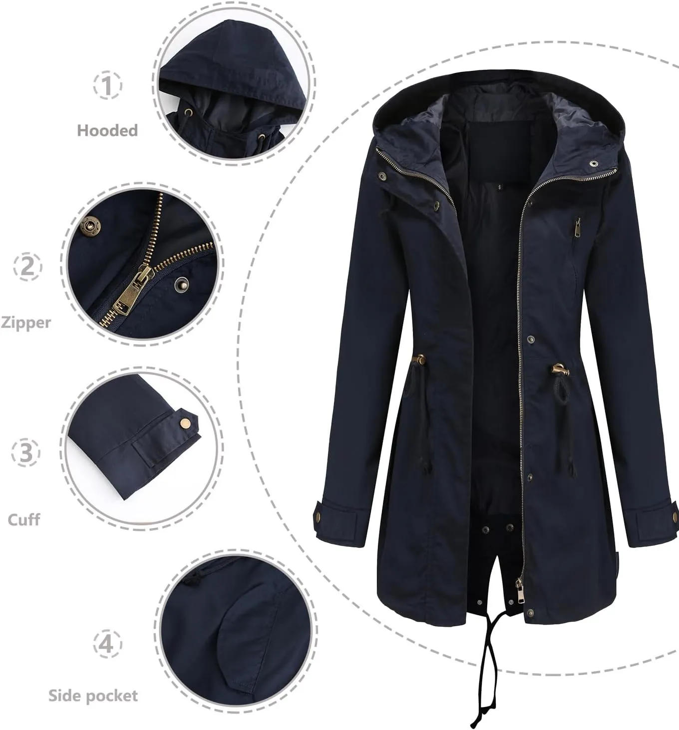 Women's Ligtweight Jackets Anorak Utility Drawstring Waist Hoodie Zip Up Fall Casual Coat with Pockets