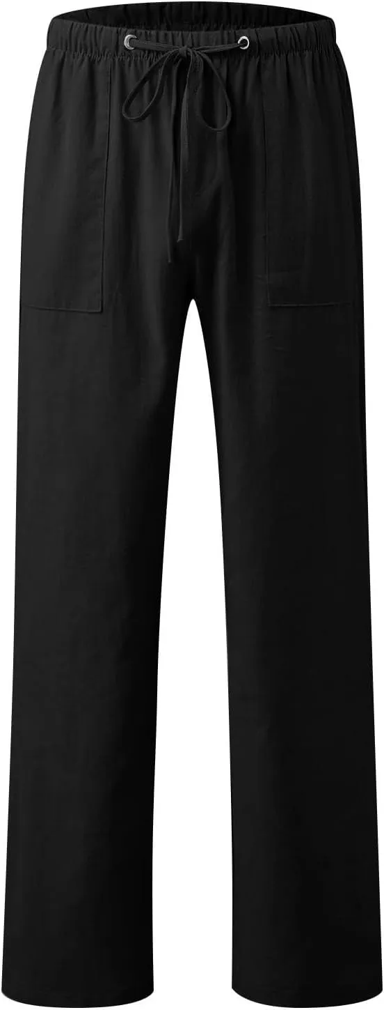 Womens' Linen Cotton High Waisted Drawstring Pants Loose Fit Elastic Waist Athleisure Long Pant Fashion Boho Trousers