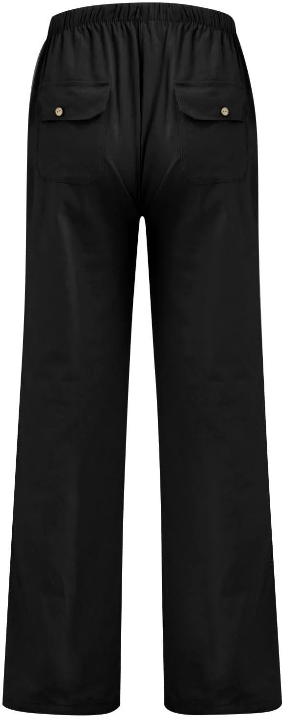 Womens' Linen Cotton High Waisted Drawstring Pants Loose Fit Elastic Waist Athleisure Long Pant Fashion Boho Trousers