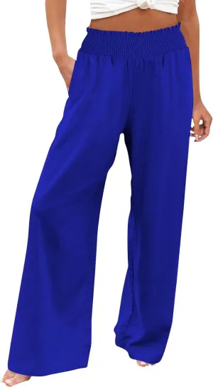 Women's Linen Palazzo Pants Wide Leg High Waistband Summer Boho Trousers Casual Travel Vacation Lounge Comfy Outfits