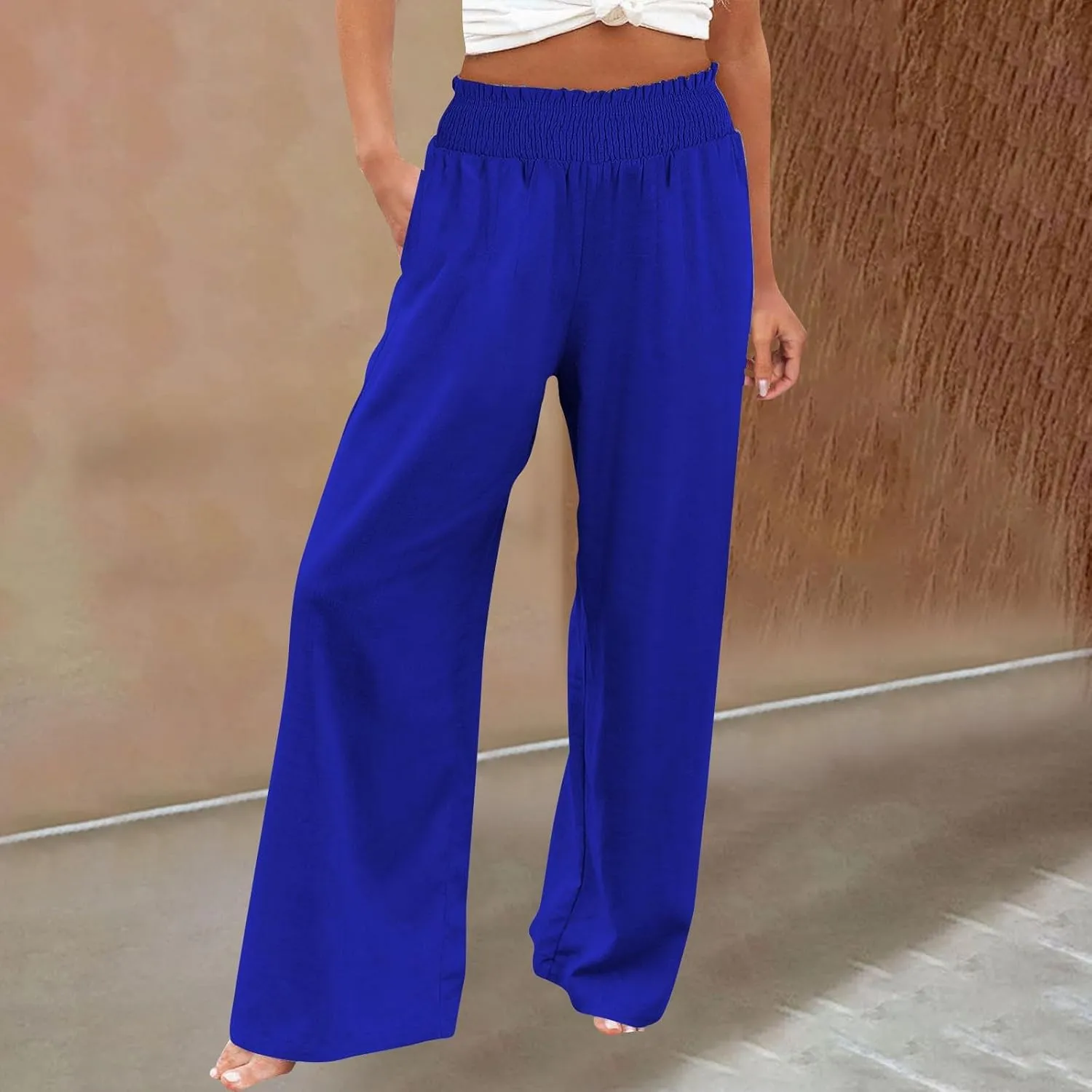Women's Linen Palazzo Pants Wide Leg High Waistband Summer Boho Trousers Casual Travel Vacation Lounge Comfy Outfits