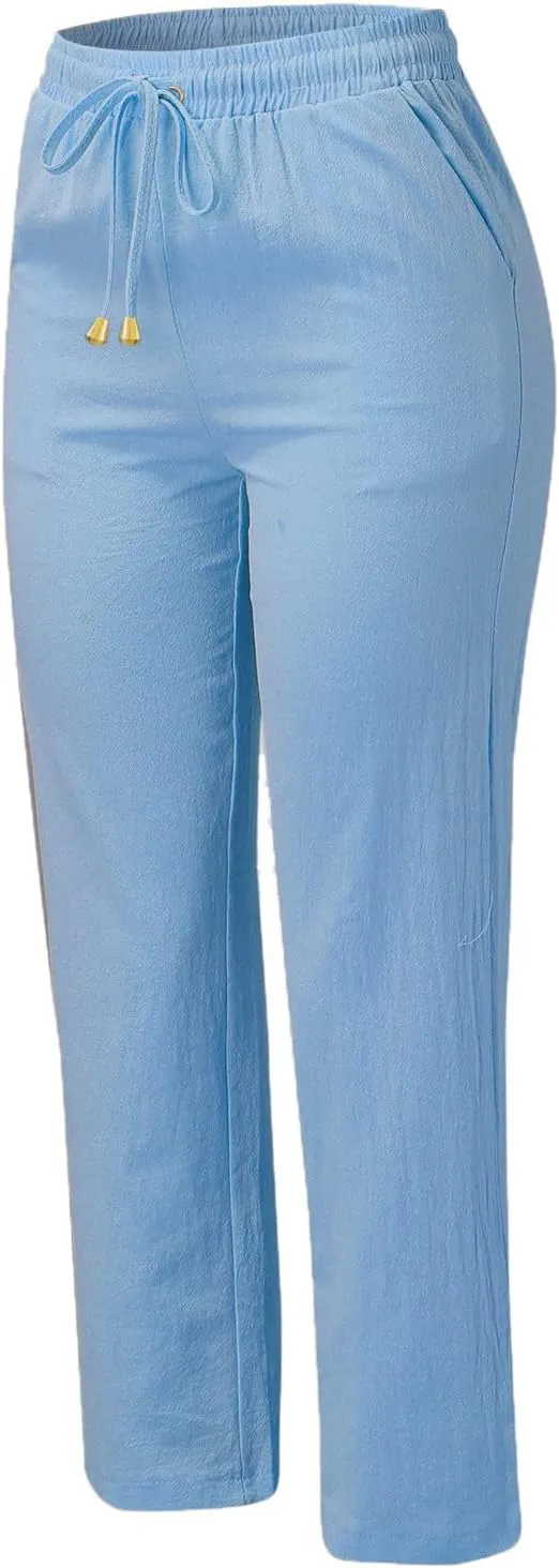 Womens Linen Pants 2025 Summer Casual Drawstring Elastic Waist Cotton Pants Petite Straight Leg Lounge Long Trousers