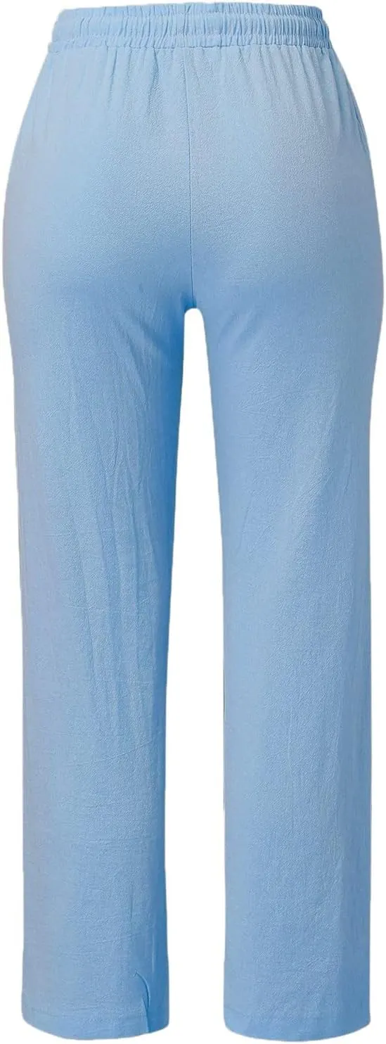 Womens Linen Pants 2025 Summer Casual Drawstring Elastic Waist Cotton Pants Petite Straight Leg Lounge Long Trousers