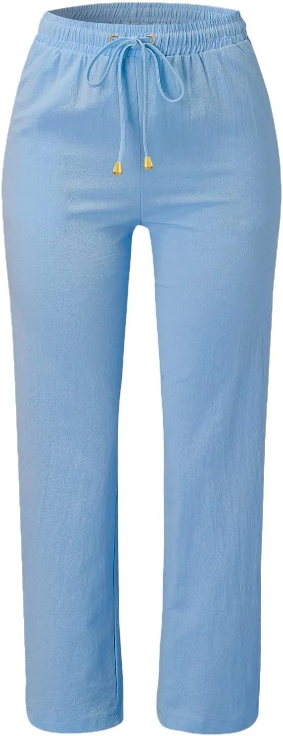Womens Linen Pants 2025 Summer Casual Drawstring Elastic Waist Cotton Pants Petite Straight Leg Lounge Long Trousers