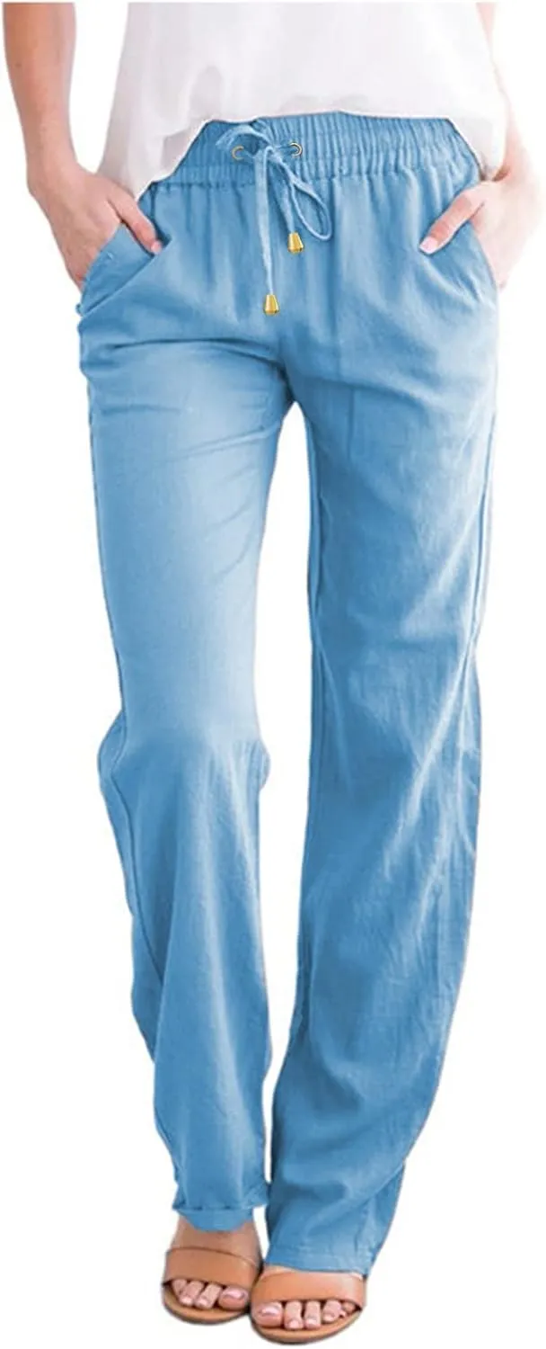 Womens Linen Pants 2025 Summer Casual Drawstring Elastic Waist Cotton Pants Petite Straight Leg Lounge Long Trousers
