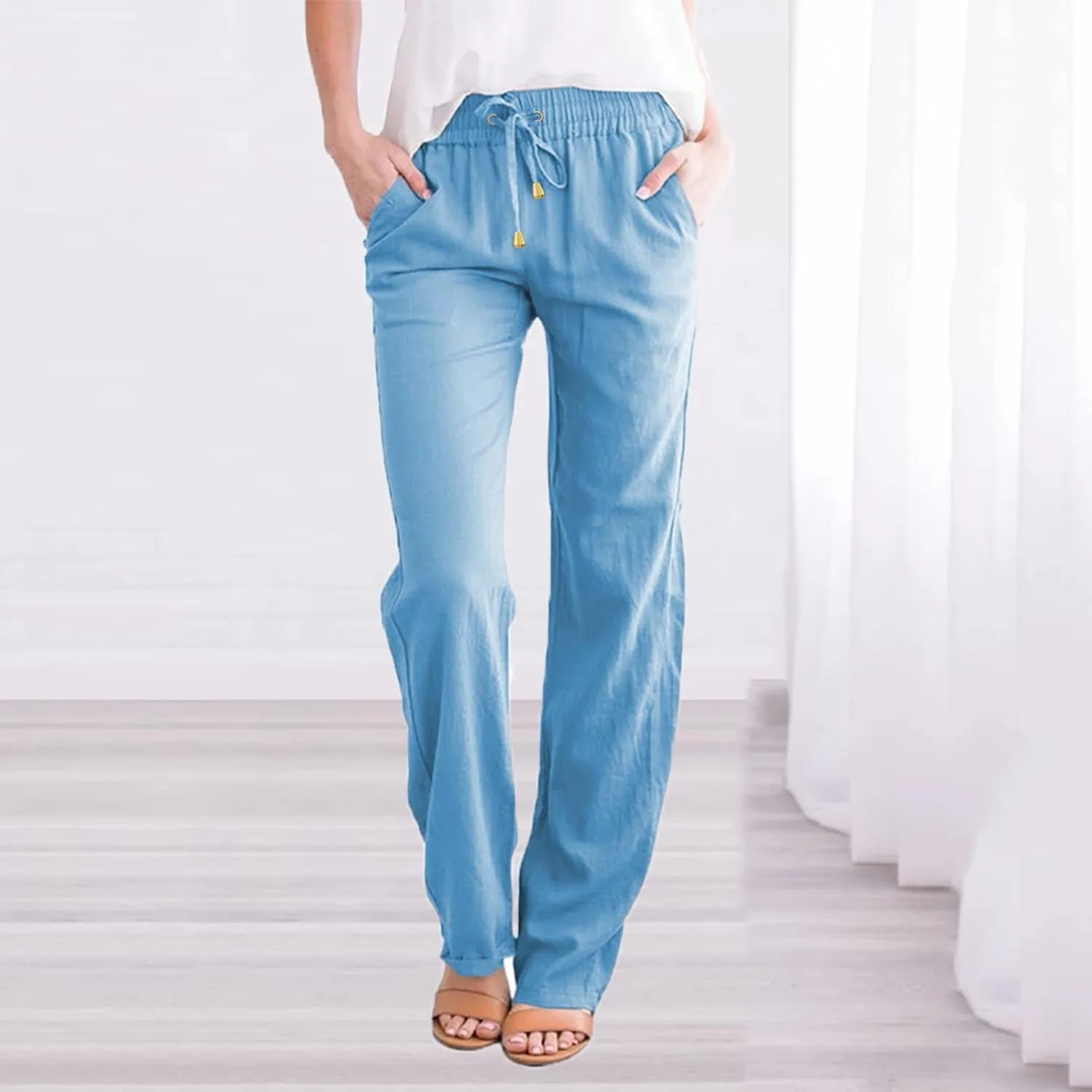 Womens Linen Pants 2025 Summer Casual Drawstring Elastic Waist Cotton Pants Petite Straight Leg Lounge Long Trousers