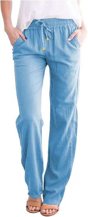 Womens Linen Pants 2025 Summer Casual Drawstring Elastic Waist Cotton Pants Petite Straight Leg Lounge Long Trousers