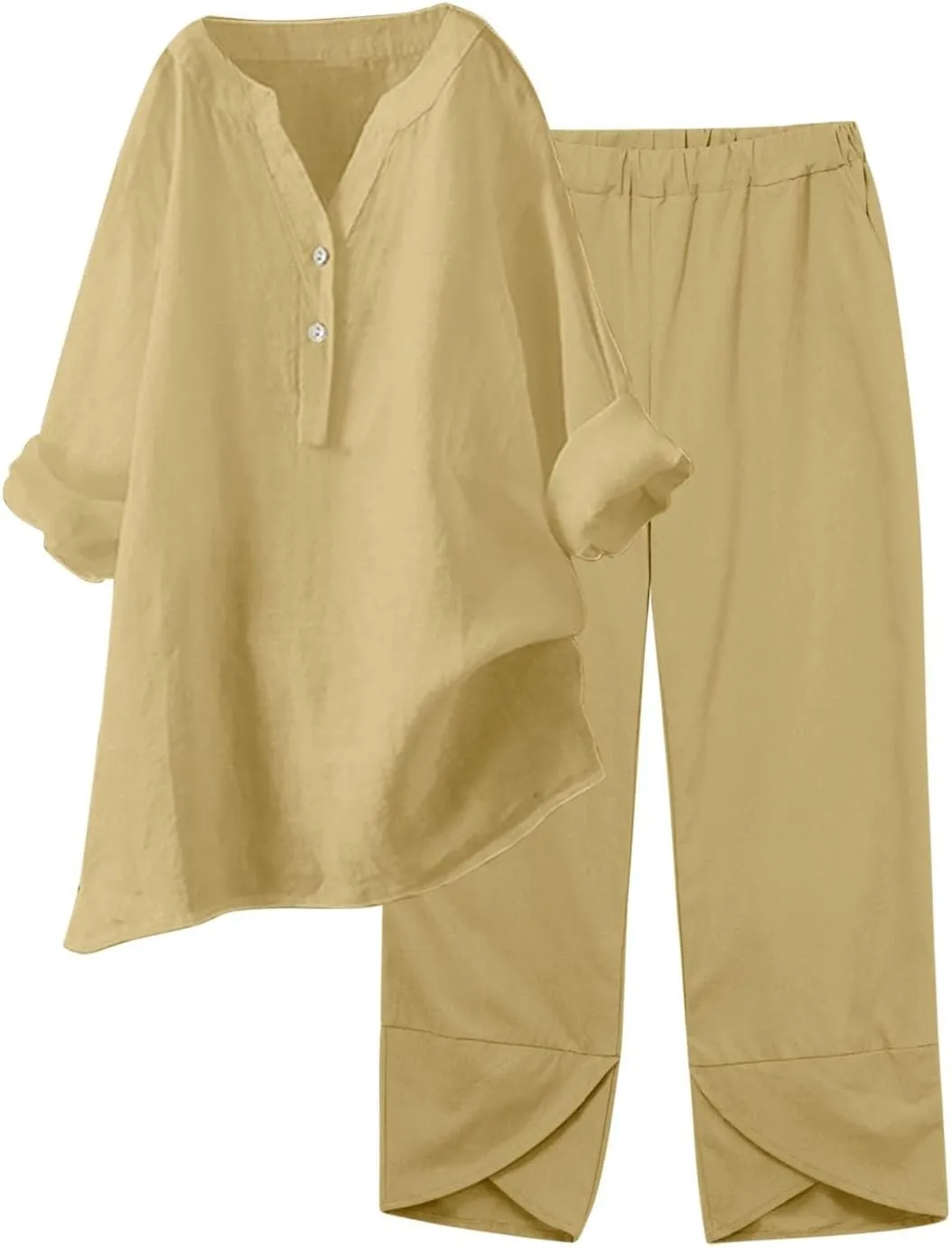 Womens Linen Sets 2 Piece Oversized 3/4 Length Sleeve Comfy Shirts Summer V Neck Loose Wide Leg Pants with Pockets