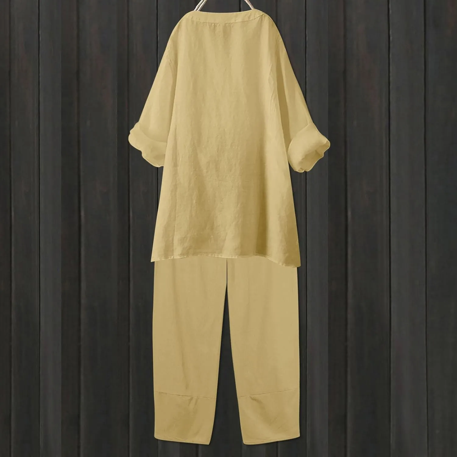Womens Linen Sets 2 Piece Oversized 3/4 Length Sleeve Comfy Shirts Summer V Neck Loose Wide Leg Pants with Pockets