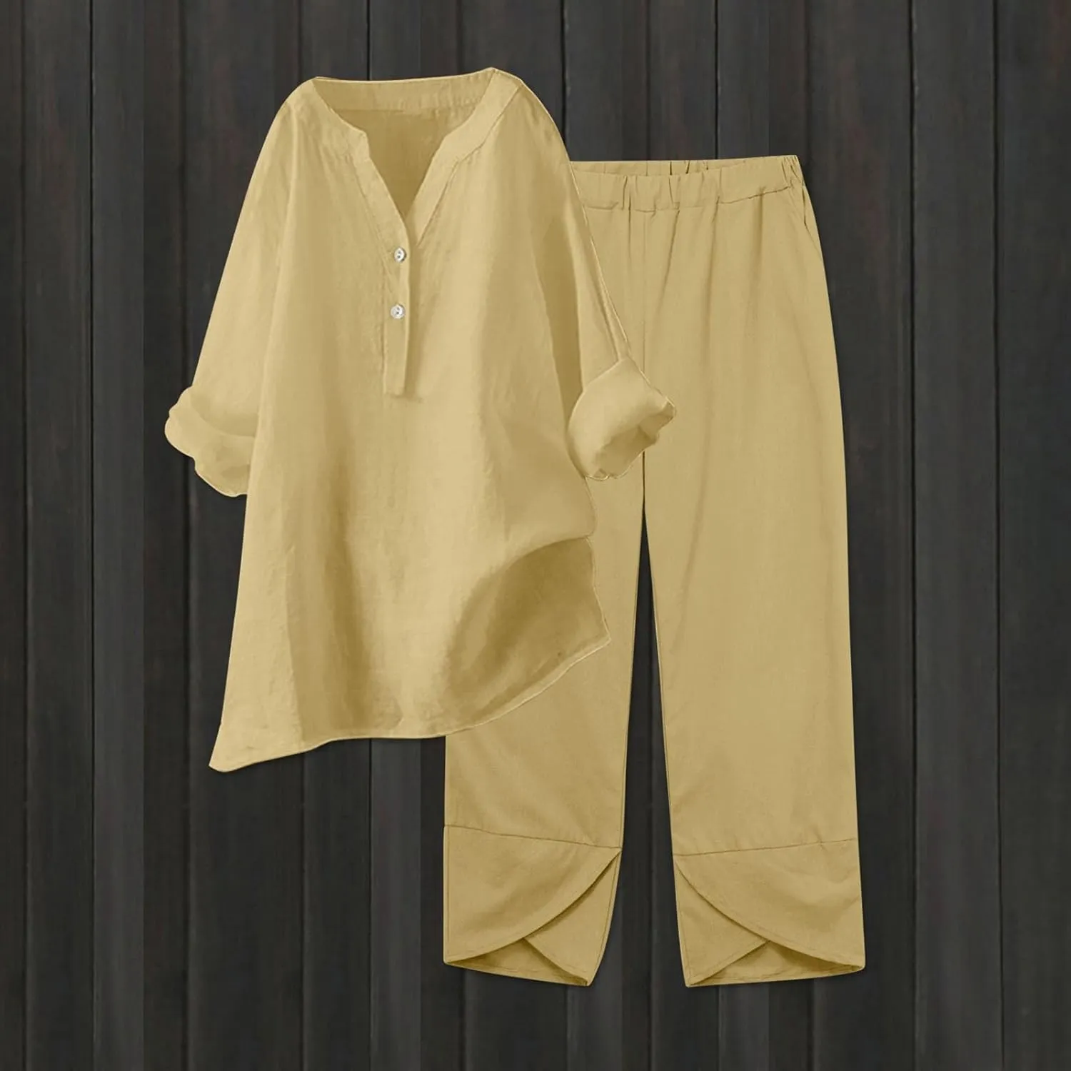 Womens Linen Sets 2 Piece Oversized 3/4 Length Sleeve Comfy Shirts Summer V Neck Loose Wide Leg Pants with Pockets