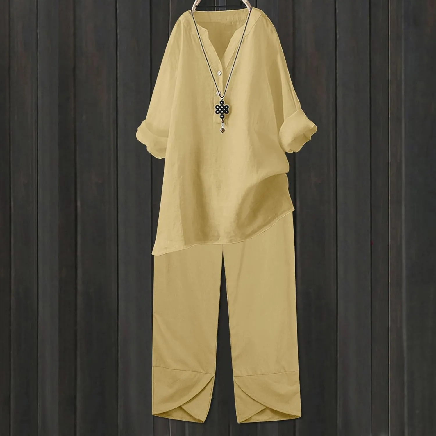 Womens Linen Sets 2 Piece Oversized 3/4 Length Sleeve Comfy Shirts Summer V Neck Loose Wide Leg Pants with Pockets