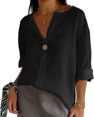 Women's Linen Shirt Button Down V Neck Solid Blouse 3/4 Sleeves Casual Loose Fit Tunic Tops Summer T Shirts