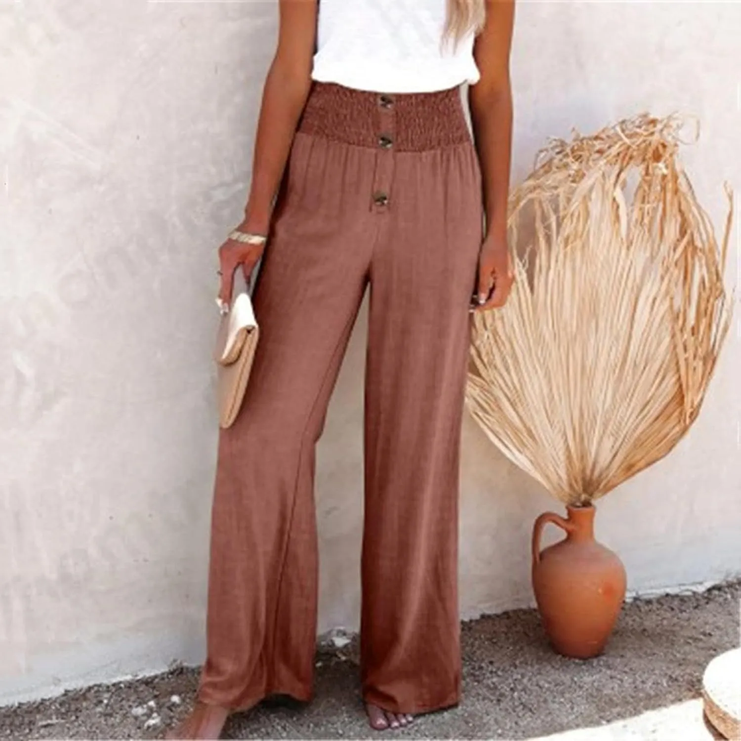 Women's Linen Summer Palazzo Pants Lounge Loose Paperbag Waist Trousers Solid Comfy Pants Summer Outfits 2025 Trendy