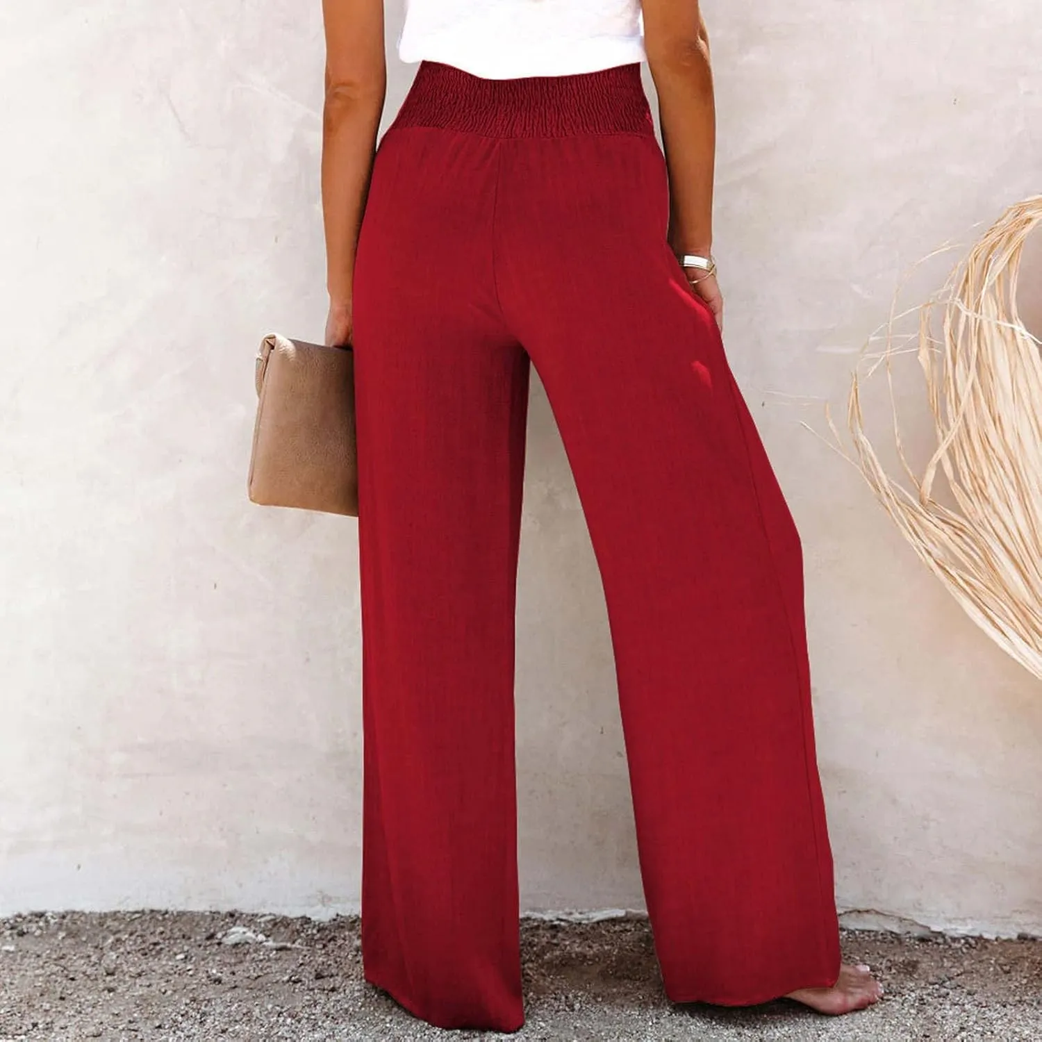 Women's Linen Summer Palazzo Pants Lounge Loose Paperbag Waist Trousers Solid Comfy Pants Summer Outfits 2025 Trendy