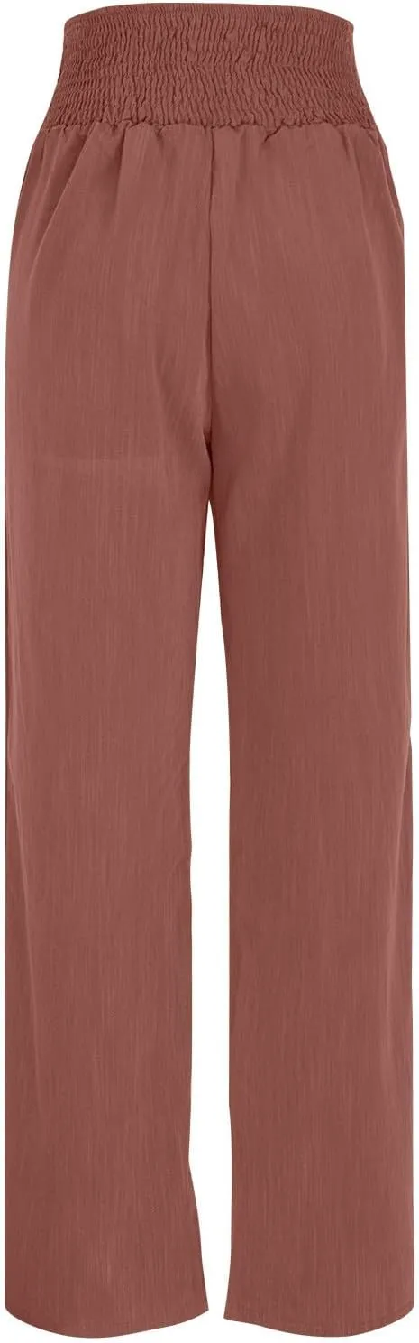 Women's Linen Summer Palazzo Pants Lounge Loose Paperbag Waist Trousers Solid Comfy Pants Summer Outfits 2025 Trendy