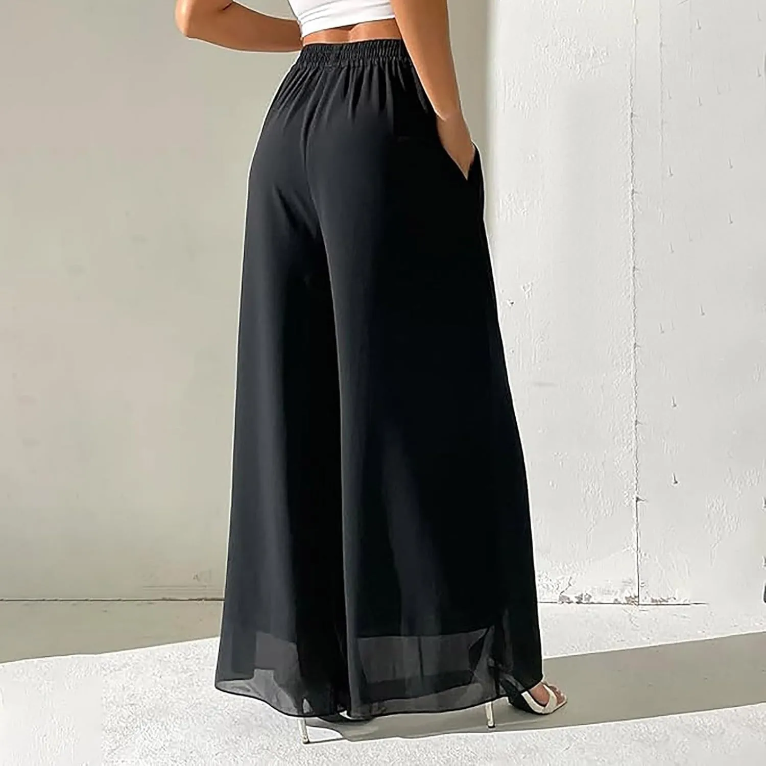 Womens Linen Summer Tie Knot Pants High Waist Stretchy Straight Plus Size Palazzo Pants Travel