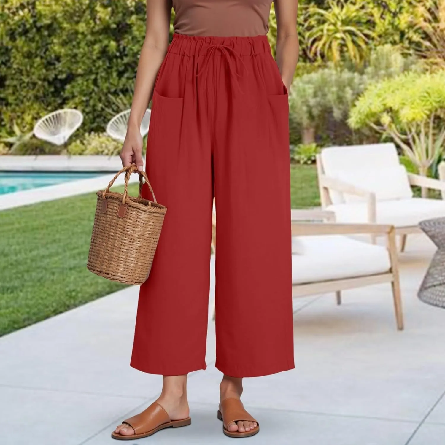 Womens Linen Wide Leg Pants Womens Linen Pants Wide Leg for Women High Waist Casual Relaxed with Pockets Inseam