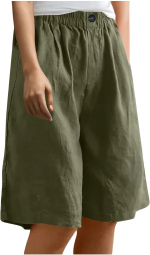 Womens Loose Wide Leg Bermuda Shorts Summer Comfy Elastic Waist Breathable Cotton Linen Knee Length Short Pants