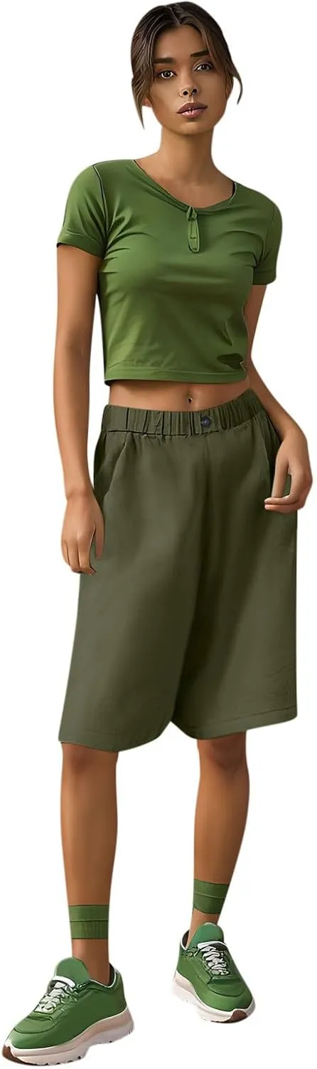 Womens Loose Wide Leg Bermuda Shorts Summer Comfy Elastic Waist Breathable Cotton Linen Knee Length Short Pants