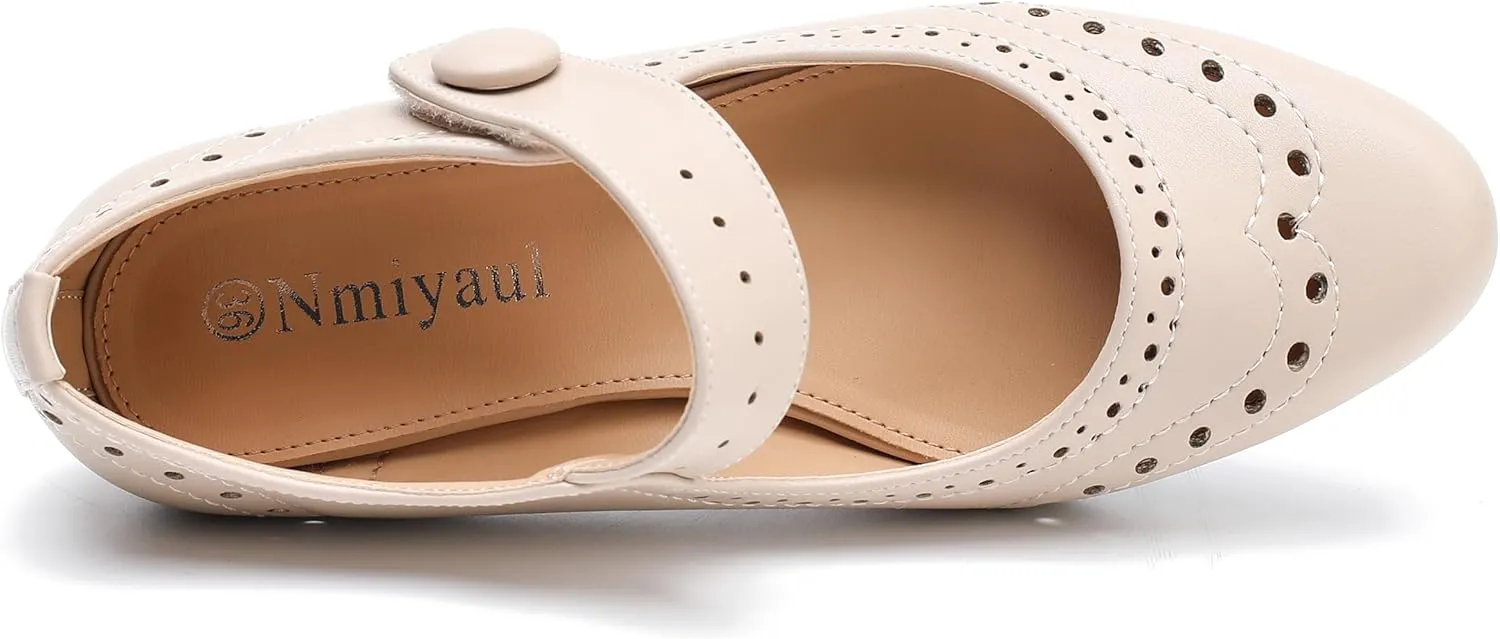 Women's Low Chunky Heel Ankle Strap Cut Out Closed Toe Pumps Hook and Loop Retro D'Orsay Vintage Dressy Wedding Party Church Shoes