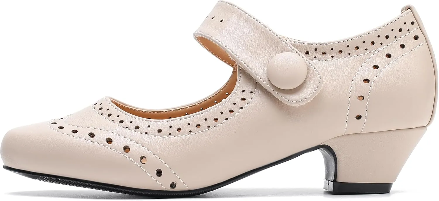 Women's Low Chunky Heel Ankle Strap Cut Out Closed Toe Pumps Hook and Loop Retro D'Orsay Vintage Dressy Wedding Party Church Shoes