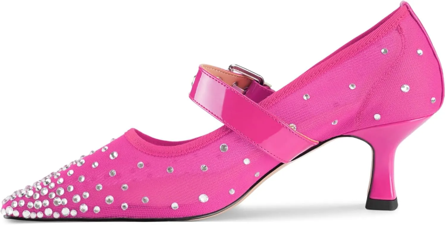 Women's Mesh Closed Square Toe Heels Rhinestone Ankle Strap Buckle Kitten Heeled Mary Jane Pumps Dressy Prom Wedding Sandals Shoes 2 inch
