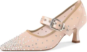 Women's Mesh Closed Square Toe Heels Rhinestone Ankle Strap Buckle Kitten Heeled Mary Jane Pumps Dressy Prom Wedding Sandals Shoes 2 inch