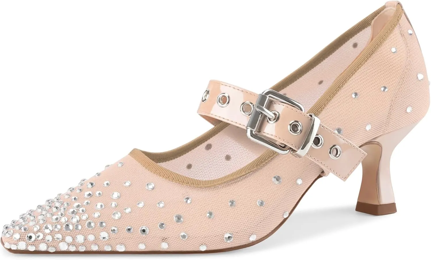 Women's Mesh Closed Square Toe Heels Rhinestone Ankle Strap Buckle Kitten Heeled Mary Jane Pumps Dressy Prom Wedding Sandals Shoes 2 inch