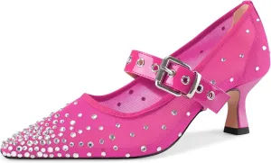 Women's Mesh Closed Square Toe Heels Rhinestone Ankle Strap Buckle Kitten Heeled Mary Jane Pumps Dressy Prom Wedding Sandals Shoes 2 inch