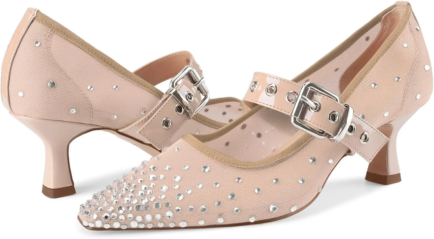 Women's Mesh Closed Square Toe Heels Rhinestone Ankle Strap Buckle Kitten Heeled Mary Jane Pumps Dressy Prom Wedding Sandals Shoes 2 inch