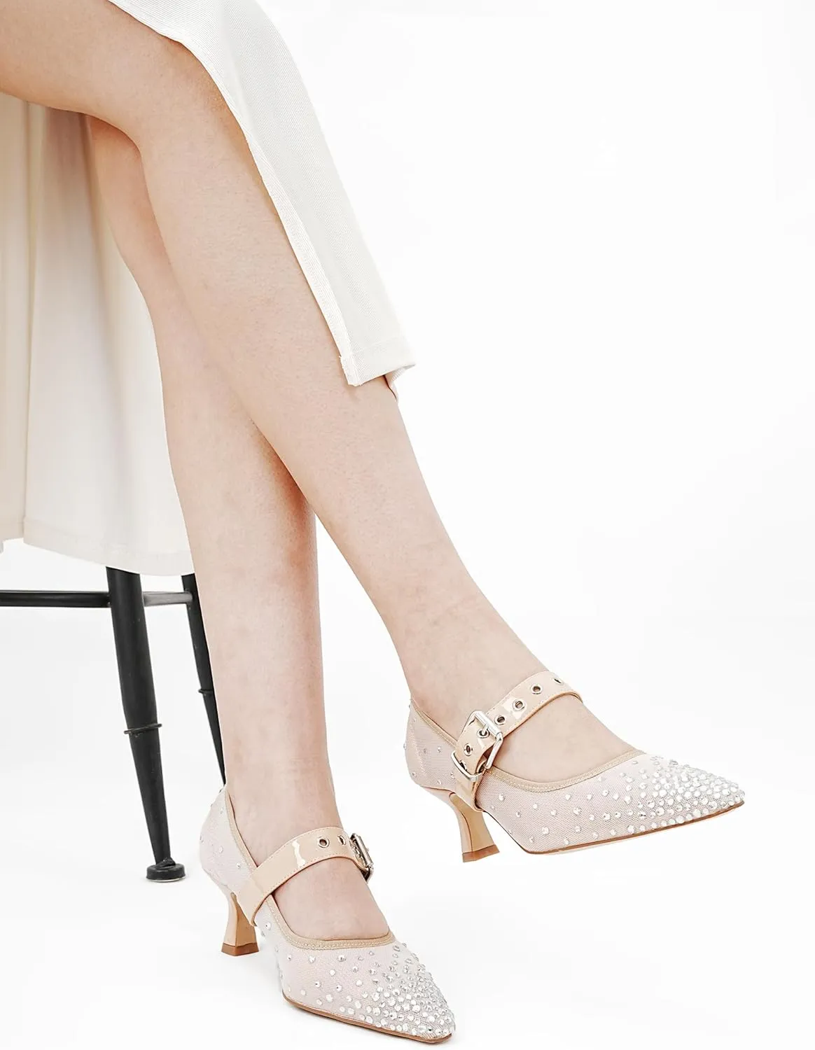 Women's Mesh Closed Square Toe Heels Rhinestone Ankle Strap Buckle Kitten Heeled Mary Jane Pumps Dressy Prom Wedding Sandals Shoes 2 inch