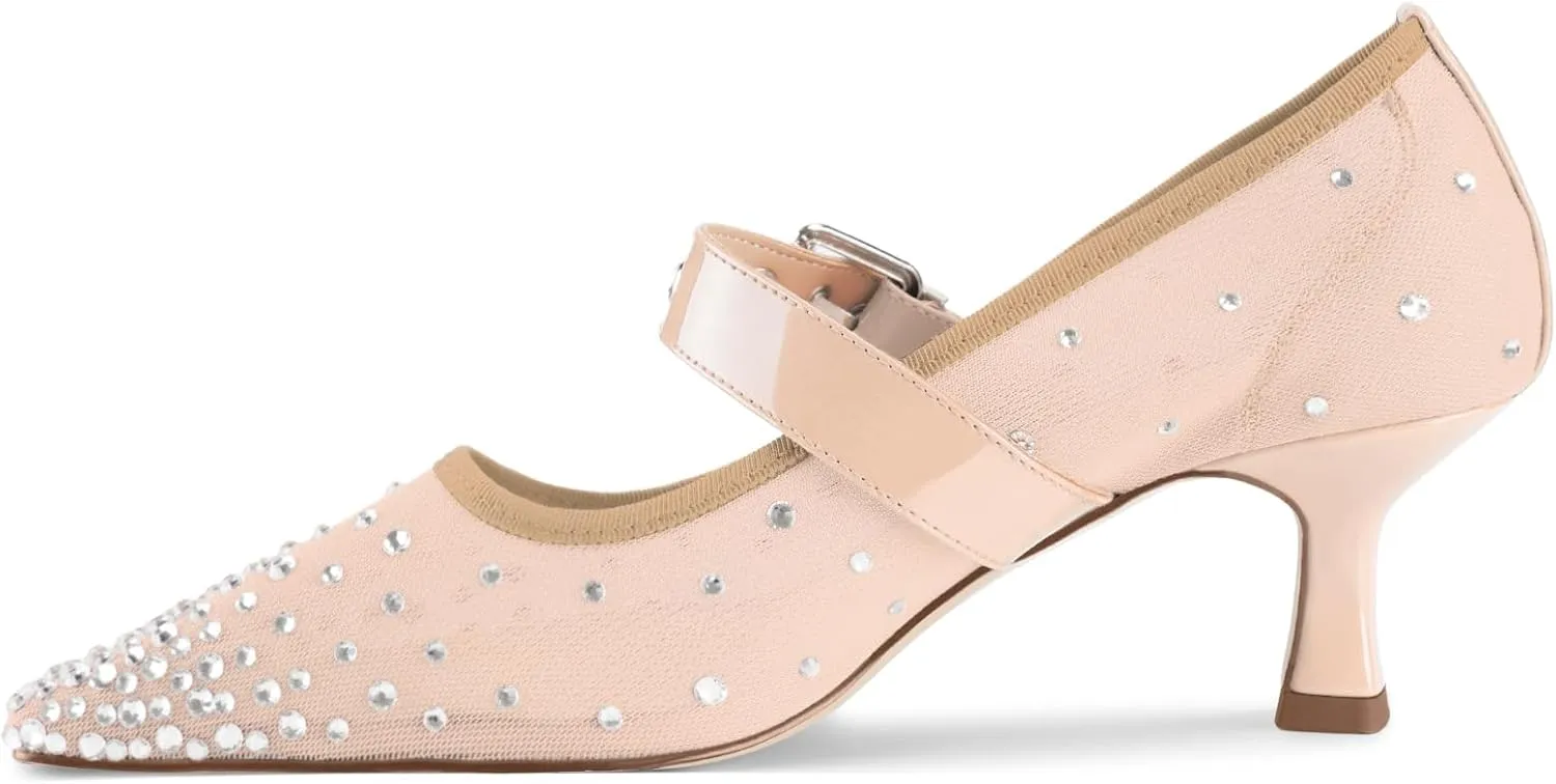 Women's Mesh Closed Square Toe Heels Rhinestone Ankle Strap Buckle Kitten Heeled Mary Jane Pumps Dressy Prom Wedding Sandals Shoes 2 inch