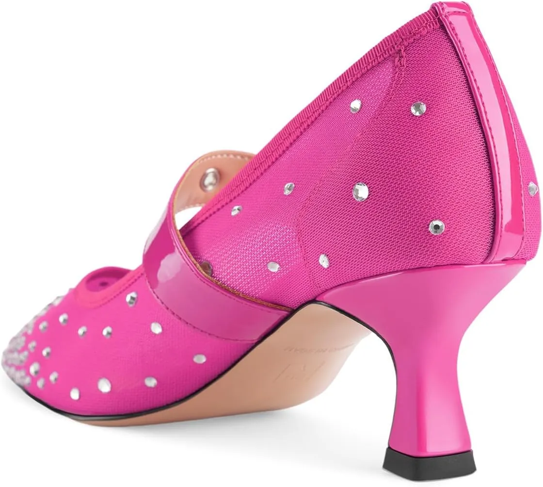 Women's Mesh Closed Square Toe Heels Rhinestone Ankle Strap Buckle Kitten Heeled Mary Jane Pumps Dressy Prom Wedding Sandals Shoes 2 inch