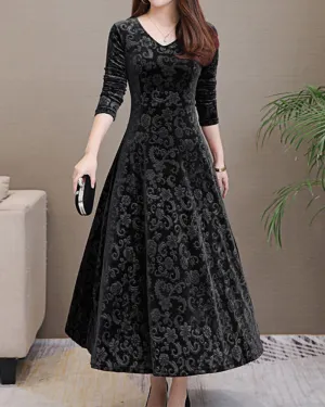 Women's Midi Dress - Velvet Jacquard - A-Line Fit - V-Neck - Three-Quarter Sleeve Elegant Wear