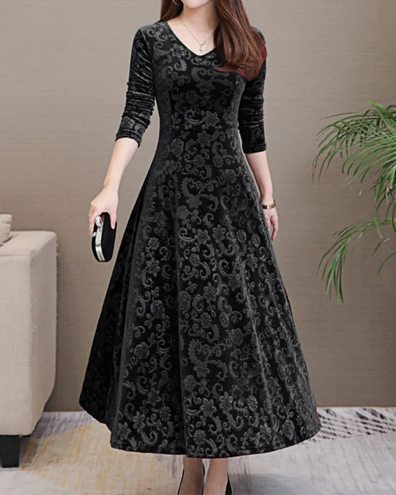 Women's Midi Dress - Velvet Jacquard - A-Line Fit - V-Neck - Three-Quarter Sleeve Elegant Wear